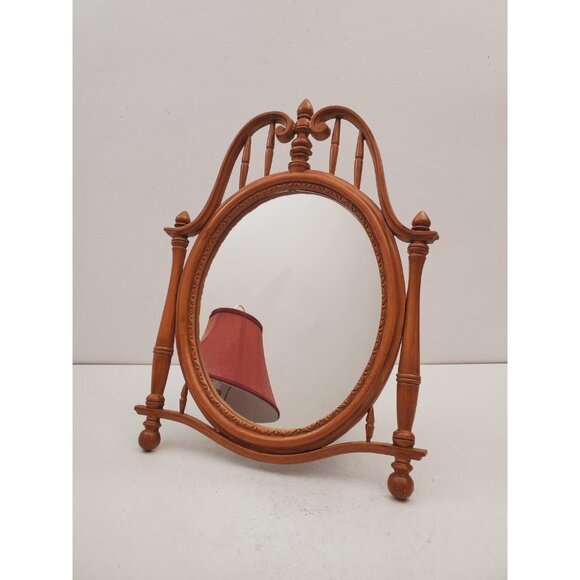 Vintage Wood Tabletop Vanity Mirror | Oval Makeup Mirror, Handmade Mirror, - Picture 2 of 10
